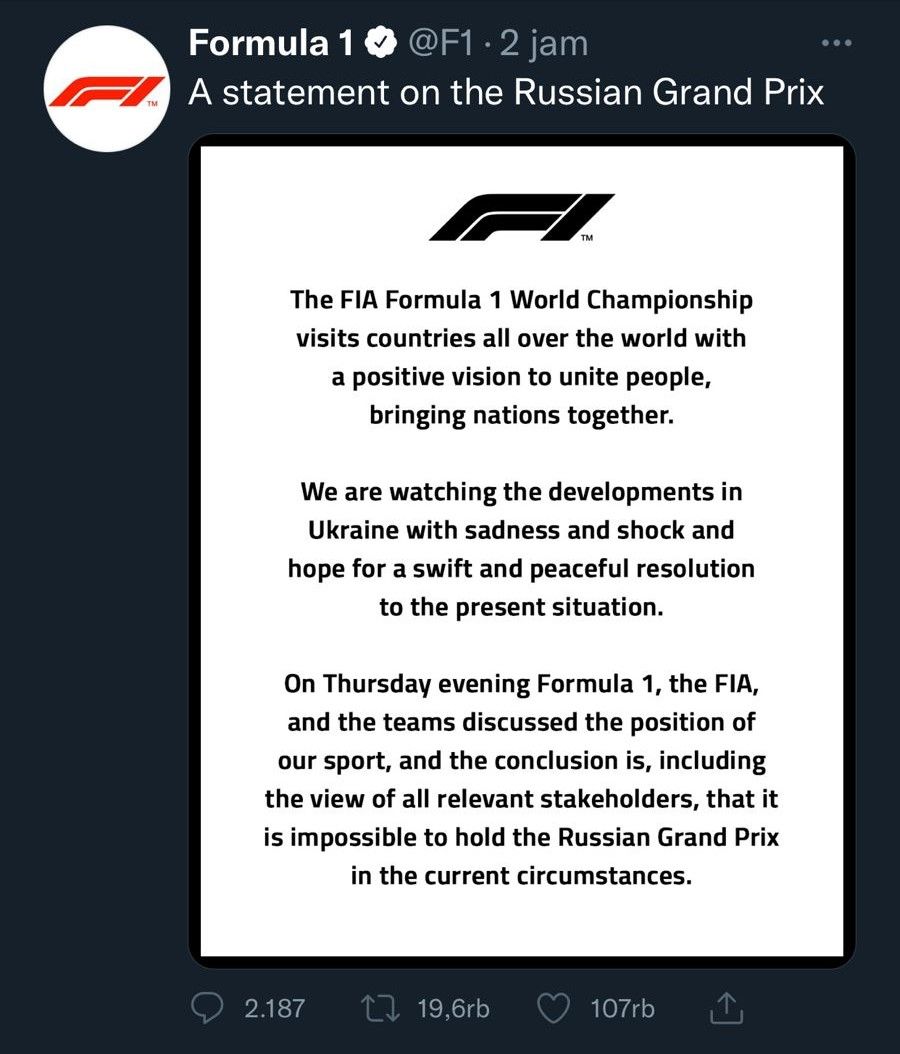 F1 Hapus Balapan Seri Rusia