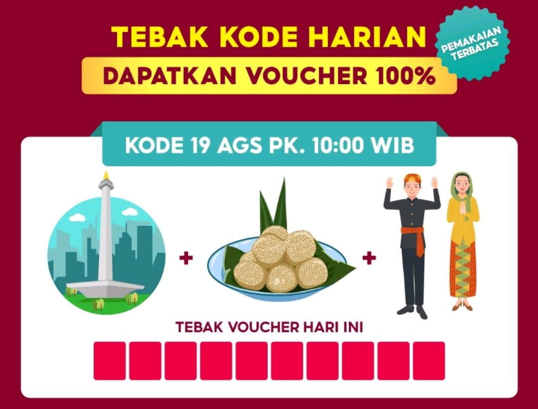 Jawaban kode voucher Shopee 19 Agustus 2023 Clue Monas, makanan dan baju adat adalah 