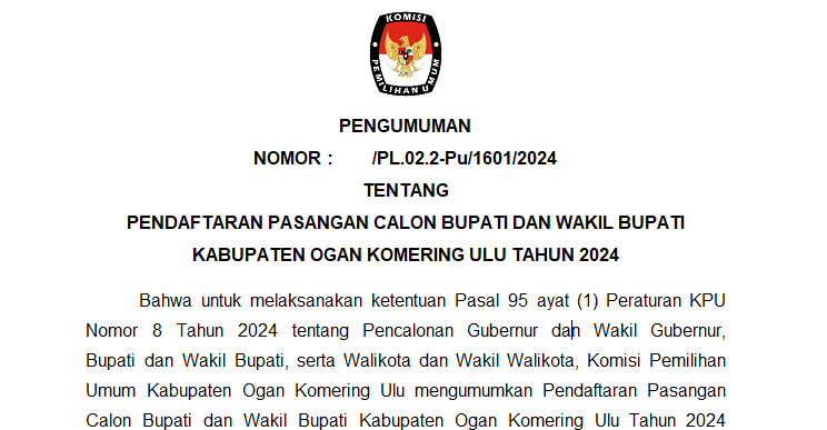 Pengumuman KPU OKU Pendaftaran Calon Bupati dan Wakil Bupati Ogan Komering Ulu