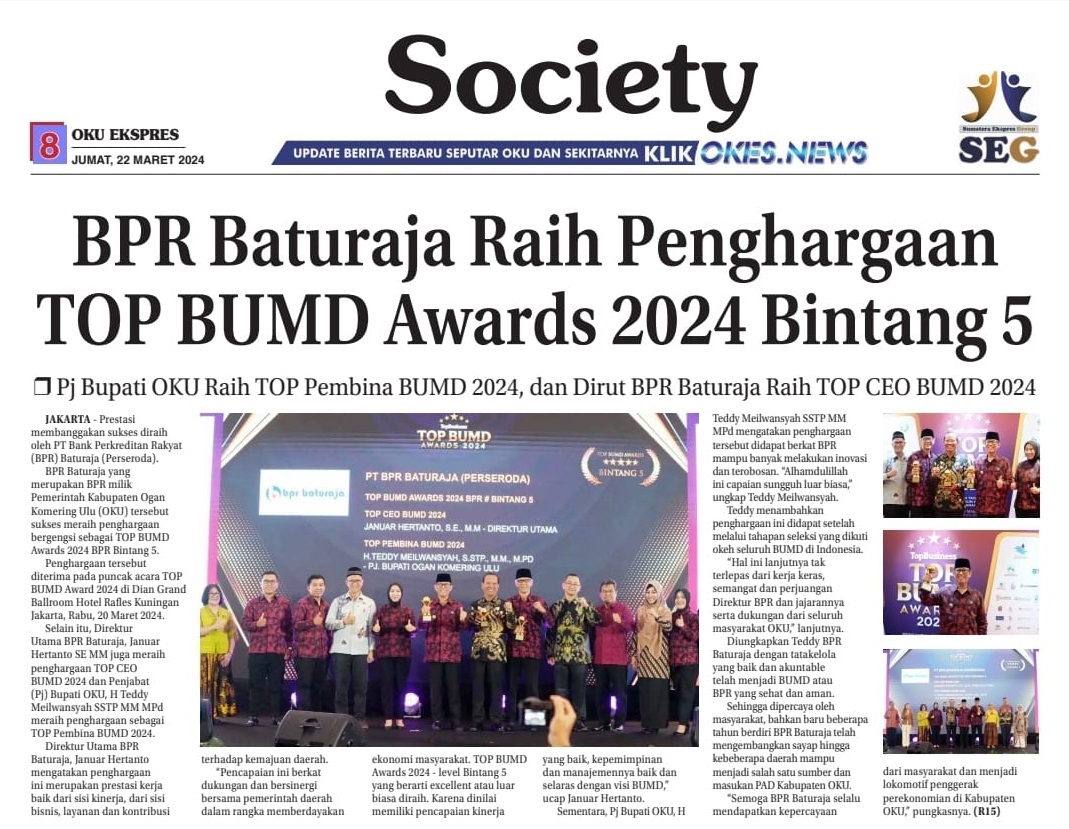 BPR Baturaja Raih Penghargaan TOP BUMD Awards 2024 Bintang 5