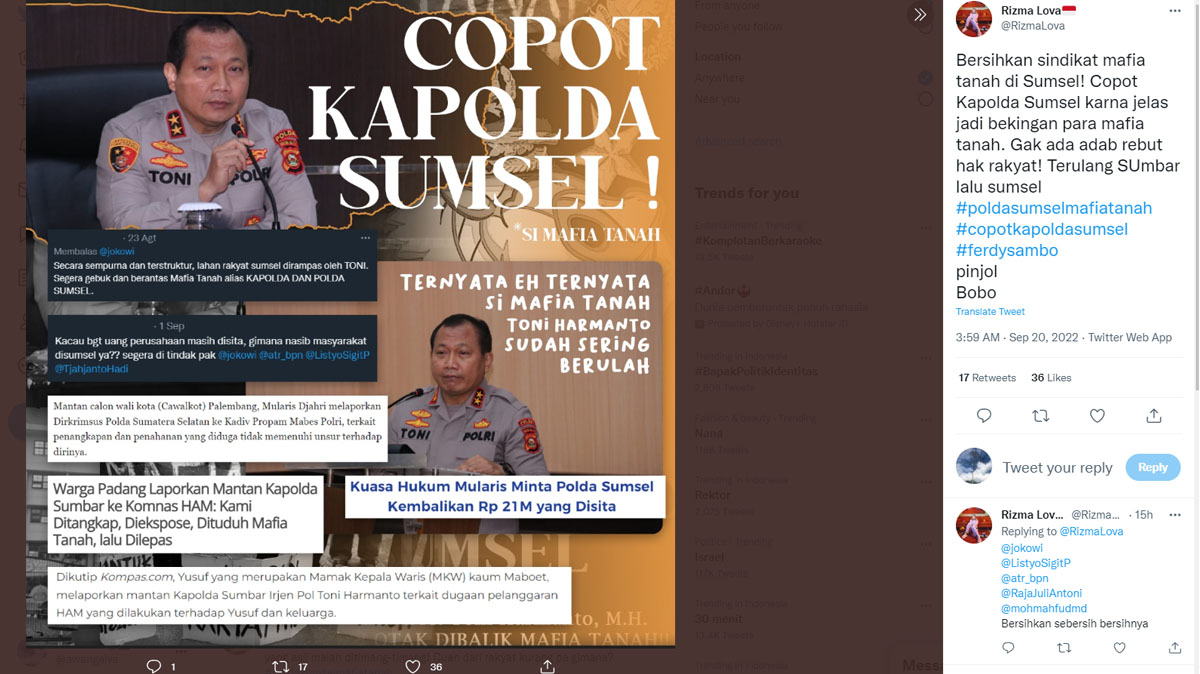 Dituding Jadi Mafia Tanah, Tagar Copot Kapolda Sumsel Trending di Twitter