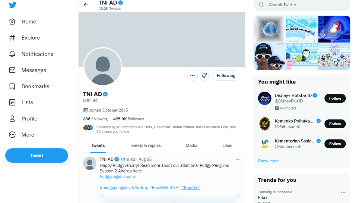 Akun Twitter Resmi TNI AD Dibajak. Ini Penyebabnya