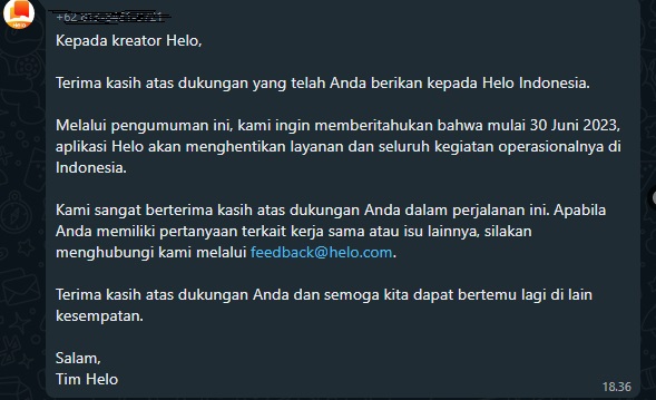 Kreator Kecewa!!! Aplikasi Helo Tutup di Indonesia 