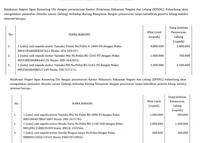 PENGUMUMAN LELANG BARANG RAMPASAN