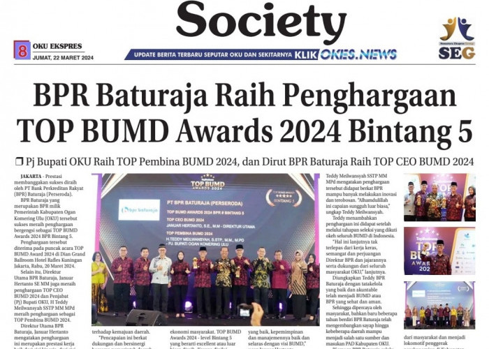 BPR Baturaja Raih Penghargaan TOP BUMD Awards 2024 Bintang 5