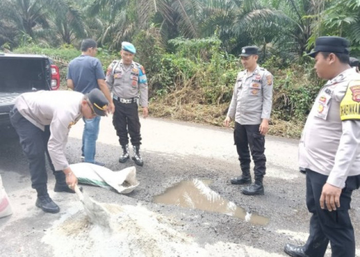 Cegah Kecelakaan, Polisi Turun Langsung Tambal Jalan Berlubang